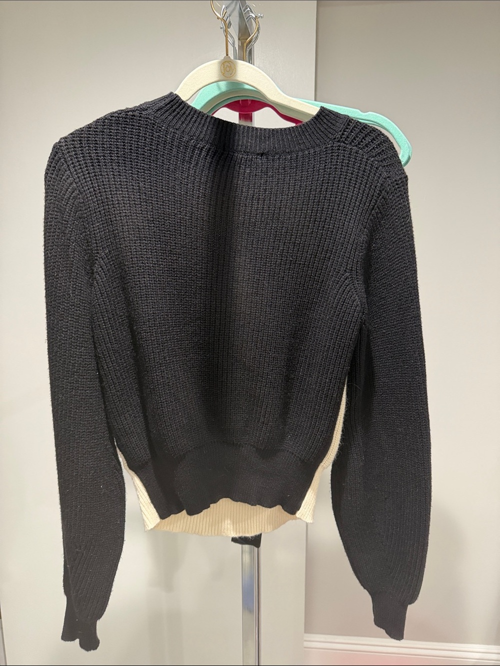 Two-Tone Black & Cream Layered Crewneck Sweater - Picture 3 of 4